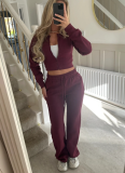Autumn/Winter Casual Solid Color Zipper Cardigan and Straight-Leg Pants Set