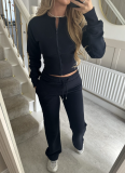 Autumn/Winter Casual Solid Color Zipper Cardigan and Straight-Leg Pants Set