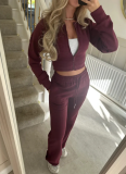 Autumn/Winter Casual Solid Color Zipper Cardigan and Straight-Leg Pants Set