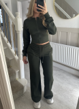 Autumn/Winter Casual Solid Color Zipper Cardigan and Straight-Leg Pants Set