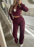 Autumn/Winter Casual Solid Color Zipper Cardigan and Straight-Leg Pants Set
