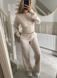 Autumn/Winter Casual Solid Color Zipper Cardigan and Straight-Leg Pants Set