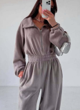 New Stylish Long-sleeved Jumpsuit With A Half-buttoned Front and Elasticated Waist