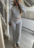 Autumn/Winter Casual Solid Color Zipper Cardigan and Straight-Leg Pants Set