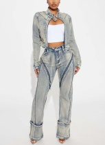 Stylish High-stretch Washed Denim Jacket and Jeans Set With Zippers