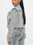Stylish High-stretch Washed Denim Jacket and Jeans Set With Zippers