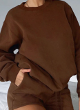 Stylish and Casual Solid Color Crew Neck Long-sleeved Sweatshirt and Shorts Set