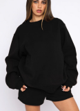 Stylish and Casual Solid Color Crew Neck Long-sleeved Sweatshirt and Shorts Set