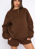 Stylish and Casual Solid Color Crew Neck Long-sleeved Sweatshirt and Shorts Set