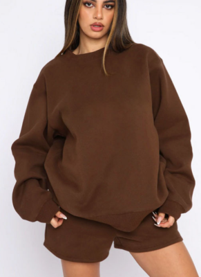Stylish and Casual Solid Color Crew Neck Long-sleeved Sweatshirt and Shorts Set