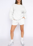 Stylish and Casual Solid Color Crew Neck Long-sleeved Sweatshirt and Shorts Set