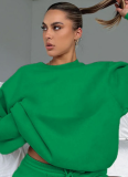 Stylish and Casual Solid Color Crew Neck Long-sleeved Sweatshirt and Shorts Set