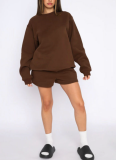 Stylish and Casual Solid Color Crew Neck Long-sleeved Sweatshirt and Shorts Set