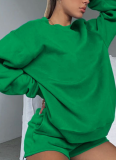 Stylish and Casual Solid Color Crew Neck Long-sleeved Sweatshirt and Shorts Set