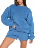 Stylish and Casual Solid Color Crew Neck Long-sleeved Sweatshirt and Shorts Set