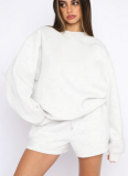 Stylish and Casual Solid Color Crew Neck Long-sleeved Sweatshirt and Shorts Set