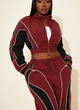 2025 Color-blocked Patchwork Fitted Top and Straight-leg Pants Two-piece Set with Zipper Closure
