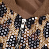 Stylish Leopard Print Sequined Jacket With Long Sleeves and Zipper Closure