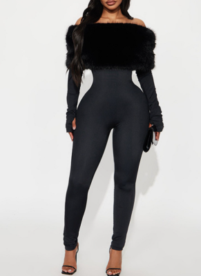 Sexy Off-the-shoulder Long-sleeved Jumpsuit With Fur Trim For Autumn and Winter