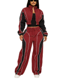2025 Color-blocked Patchwork Fitted Top and Straight-leg Pants Two-piece Set with Zipper Closure