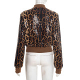 Stylish Leopard Print Sequined Jacket With Long Sleeves and Zipper Closure