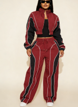 2025 Color-blocked Patchwork Fitted Top and Straight-leg Pants Two-piece Set with Zipper Closure