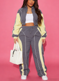2025 Color-blocked Patchwork Fitted Top and Straight-leg Pants Two-piece Set with Zipper Closure