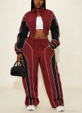 2025 Color-blocked Patchwork Fitted Top and Straight-leg Pants Two-piece Set with Zipper Closure