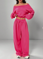 Stylish Solid-color Off-the-shoulder Crop Top and Wide-leg Pants Set