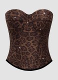 Sexy Leopard Print Stretchable Shaping Corset Top With Rhinestones