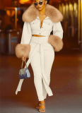 Stylish Denim Jacket With A Large Fur Collar and Matching Jeans Two-piece Set
