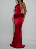 Stylish Solid-color Sleeveless Halter Dress With Ostrich Feather Detailing