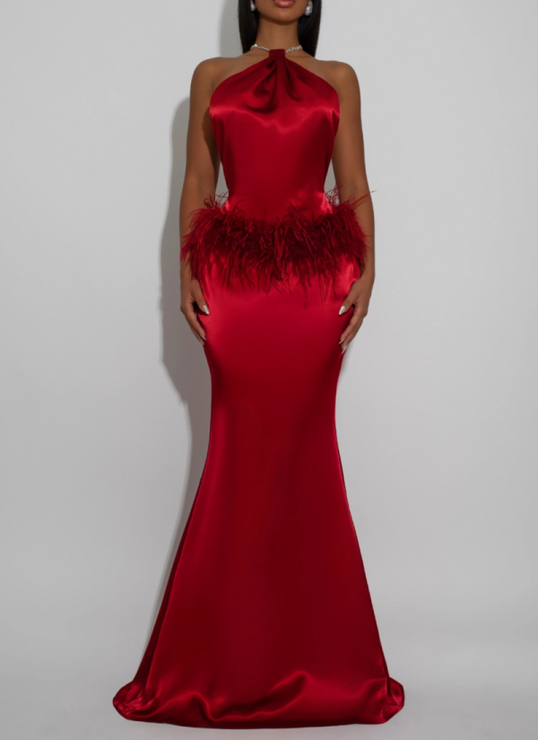 Stylish Solid-color Sleeveless Halter Dress With Ostrich Feather Detailing