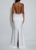 Stylish Solid-color Sleeveless Halter Dress With Ostrich Feather Detailing