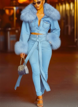 Stylish Denim Jacket With A Large Fur Collar and Matching Jeans Two-piece Set