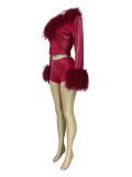 Fashion Fluffy and Gold-Stamped Fabric Elastic Cardigan and Shorts Two-Piece Set