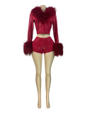 Fashion Fluffy and Gold-Stamped Fabric Elastic Cardigan and Shorts Two-Piece Set
