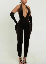2025 Sexy and Stylish Solid Color Deep V-Neck Low-Cut Tight Jumpsuit