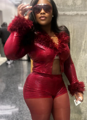 Fashion Fluffy and Gold-Stamped Fabric Elastic Cardigan and Shorts Two-Piece Set