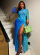 2025 Fashionable Round Neck Printed Long-Sleeved Waist-Cinching Slit Hem Bodycon Dress