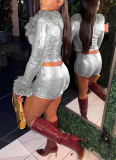 Fashion Fluffy and Gold-Stamped Fabric Elastic Cardigan and Shorts Two-Piece Set