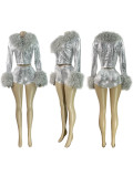 Fashion Fluffy and Gold-Stamped Fabric Elastic Cardigan and Shorts Two-Piece Set