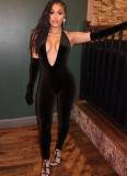 2025 Sexy and Stylish Solid Color Deep V-Neck Low-Cut Tight Jumpsuit
