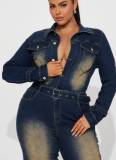 2025 Fashionable Stretch Flared Long-Sleeved Washed Denim Jumpsuit OY6027