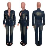 2025 Fashionable Stretch Flared Long-Sleeved Washed Denim Jumpsuit OY6027