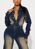 2025 Fashionable Stretch Flared Long-Sleeved Washed Denim Jumpsuit OY6027