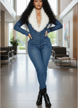 2025 Fashionable Lapel Collar Large Fur Collar Slim-Fit Long-Sleeved Waist-Defining Denim Jumpsuit