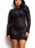 Sexy Sheer Mesh Rhinestone Short Dress