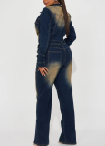 2025 Fashionable Stretch Flared Long-Sleeved Washed Denim Jumpsuit OY6027