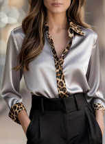 New Slim-fit Long-sleeved Leopard Print Round-neck Spliced ​​Satin Shirt